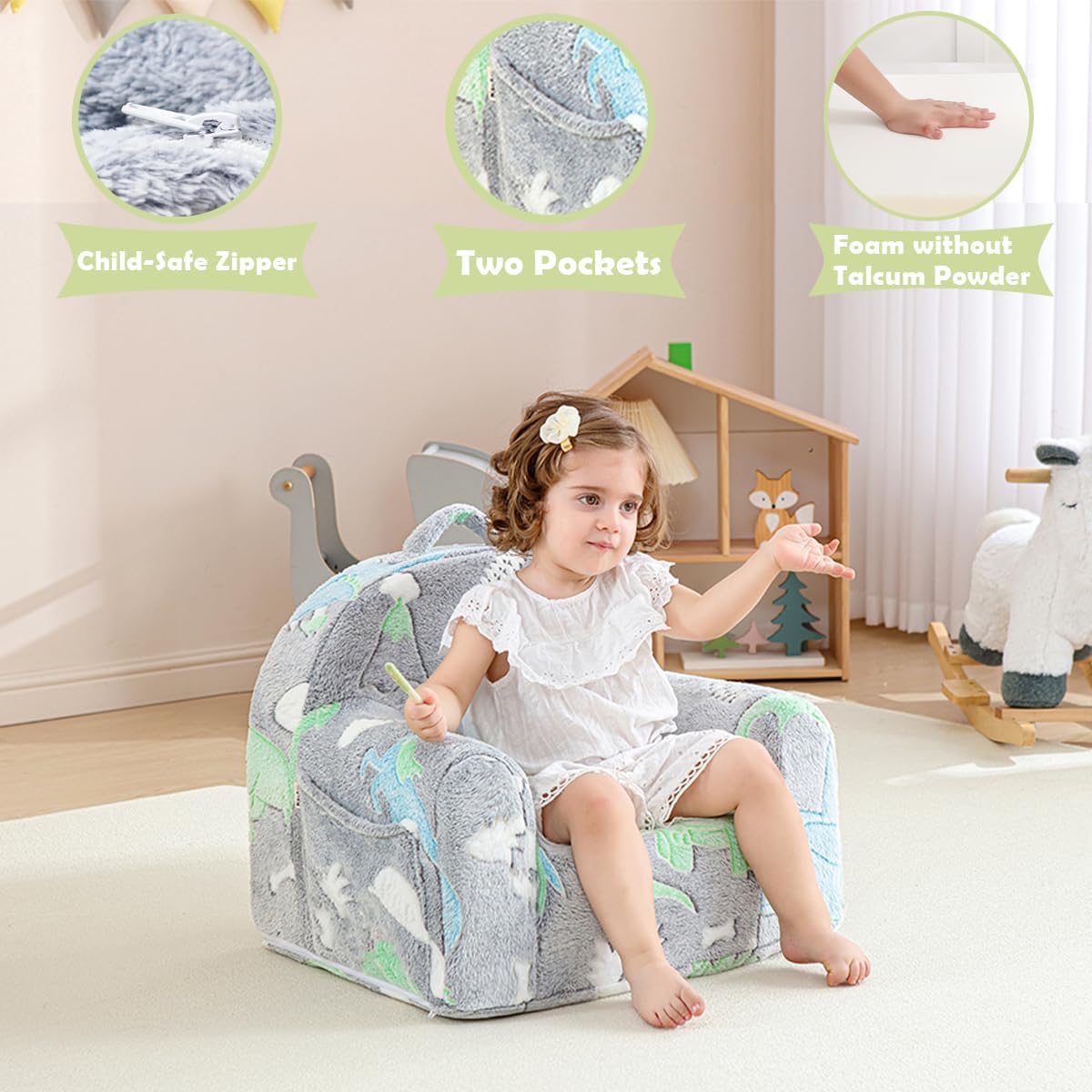 Toddler Chair Comfy,Toddler Couch Fold Out, 2-in-1 Kids Sofa,Flip Out Kids Couch,Sofa Convertible,Children Reading Chair for Age 1-3(Grey Dino)