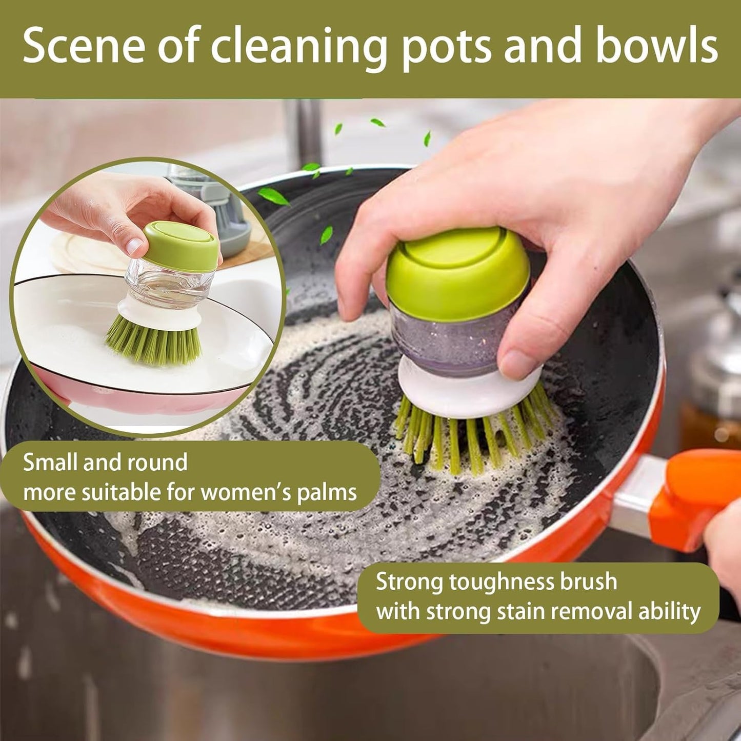 Good Grips Soap Dispensing Palm Brush, Dish Scrub Brush, Kitchen Brushes for Dishes, Kitchen Brush with Holder for Pot Pan Sink Cleaning (Green)
