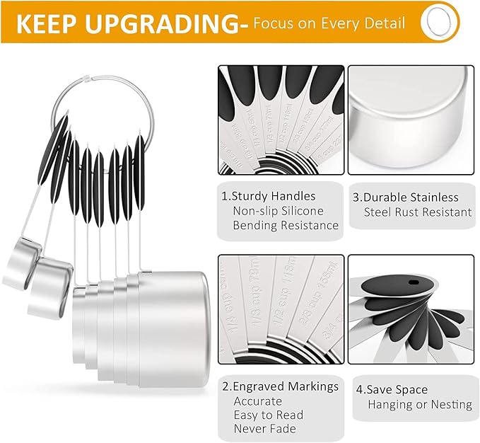 Wildone 16Pc Stainless Steel Measuring Cups Set, 8 Measuring Cups & 7 Double-Sided Magnetic Measuring Spoons Stackable & 1 Leveler (Black)