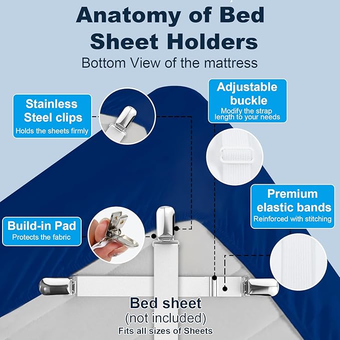 Premium Adjustable Bed Sheet Clips with Elastic Straps and Clips for Securely Holding Sheets in Place, Fits Mattresses from 20" to 79"（Black）