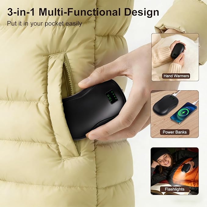Rechargeable Hand Warmers 2 Pack, 5200mAh Electric Hand Warmers, AI Smart Heat Up to 118℉ with 13Hrs Warmth Portable Pocket Heater for Christmas, Office, Outdoor, Golf, Hunting, Camping
