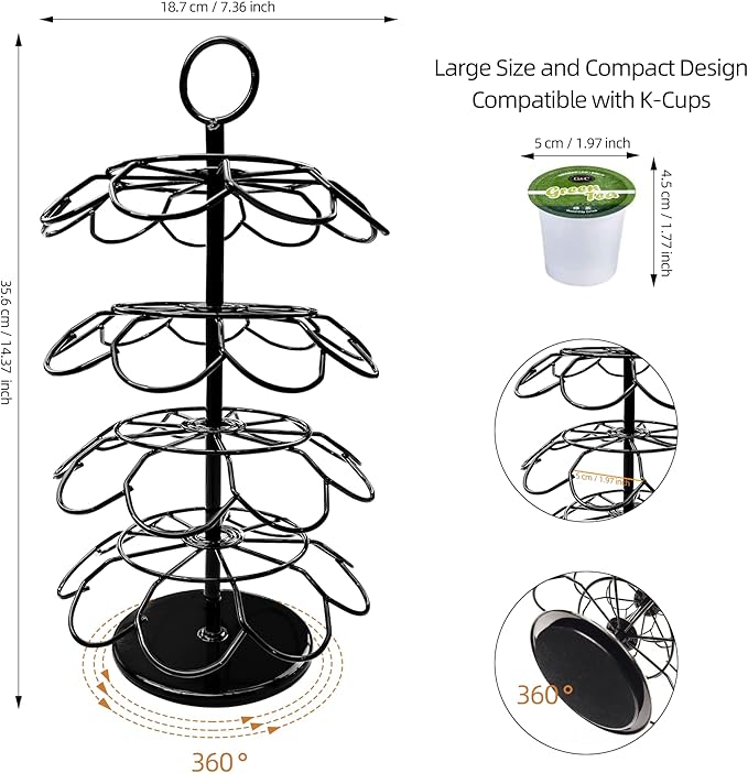 K-Cup Pod Carousel Holder and Organizer for 36 Pods - Spins 360 Degrees, Detachable, Modern Metal Design in Black for Home and Office Counters