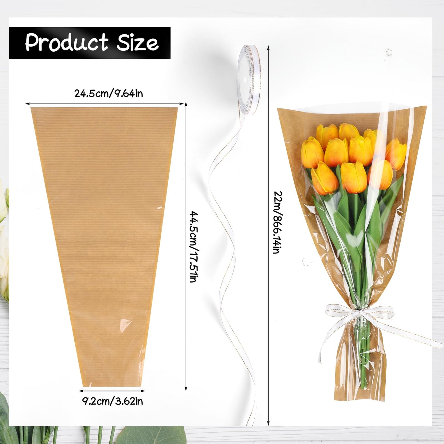 STEFORD 50Pcs Flower Bags for Bouquets Kraft Floral Sleeves Wrapping Paper with Ribbons for Mother's Day, Wedding, Birthday Graduation Florist Wrap Supplies, 9.8x17.9 Inch