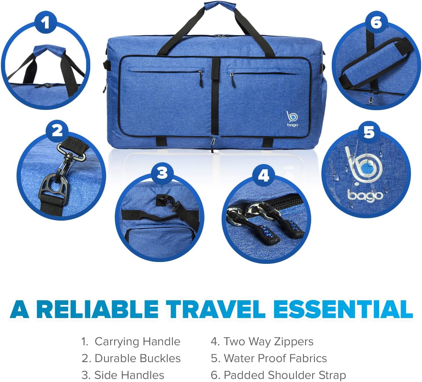 Bago Large Foldable Duffel Bags for Traveling Women & Men - 120L Packable Duffle Bag for Travel with Shoe Compartment - Water Repellant, Heavy Duty, Lightweight Folding & Collapsible (SnowDepBlue)