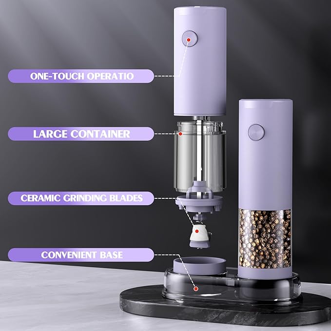 Salt and Pepper Grinder Set Christmas Gifts for Women Automatic Battery Purple Pepper Mill Shakers Kitchen Accessories Cooking for Mom, Adjustable Coarseness Salt Pepper Shakers White Elephant Gift