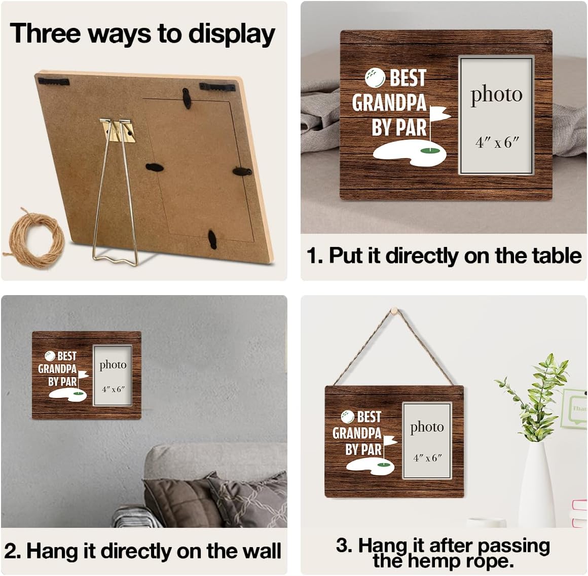 Oqtumes Golf Gifts for Men Grandpa Picture Frame, Golfing Gifts for Papa Grandfather, Rustic Best Grandpa By Par Wood Picture Frame 8 x 10 Inches, Wall Mount and Tabletop - 4 x 6 Inch Photo