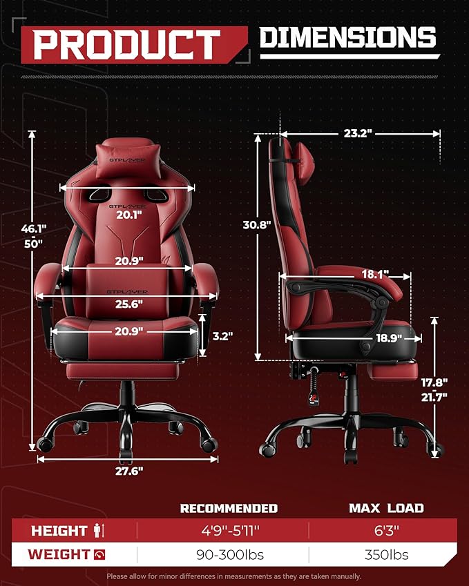 GTPLAYER Gaming Chair, Computer Chair with Footrest and Lumbar Support for Adults, 360°-Swivel Big & Tall Reclining Seat for Office or Gaming (Wine Red)