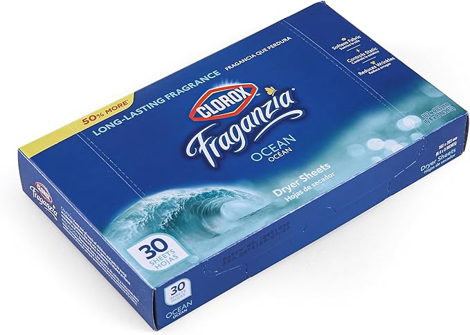 Clorox Fraganzia Fabric Softener Dryer Sheets, Ocean Scent - Wrinkle Reducing Scented Softening Laundry Dryer Sheets for Great Smelling Clothes, 30 Count
