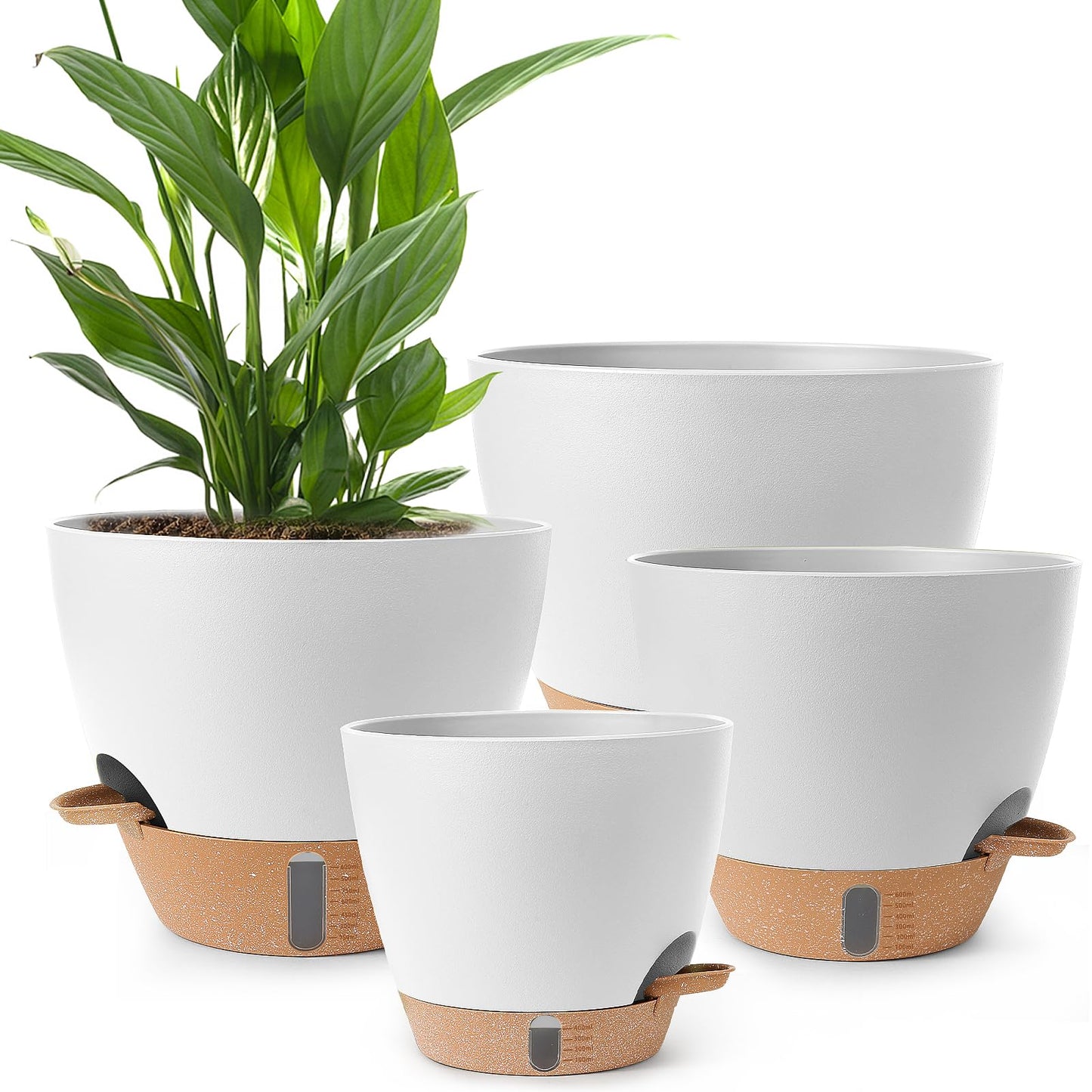 WEICHENGXING Plant Pots,12/10/9/8/ Inch Large Plastic Self Watering Flower Pots Indoor Outdoor with Drainage Holes, Deep Reservoir,Nursery Planting Pot for Indoor Out Door Plants White