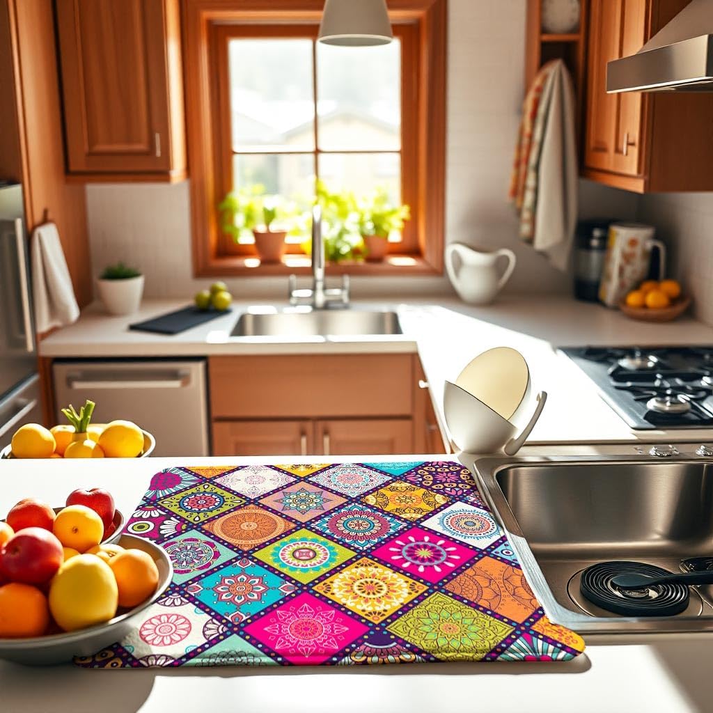 Plaid Floral Large Dish Drying Mats, Reversible Boho Dish Drying Pads for Kitchen Counter Foldable and Stored in a Drawer,18"x24" Extra Large Draining Mat Protect for Kitchen,Bar Counter,Coffee Make