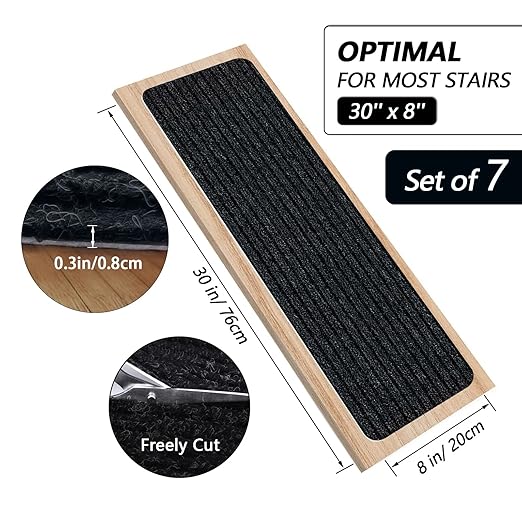 Non-Slip Stair Treads, 7.8" X 30" (7-Pack) Stair Runner Indoor Outdoor Mat, Black Slip Resistant Stair Tread Mats Step Covers Pads for Elders, Kids and Pets (30" x 7.8", Black)