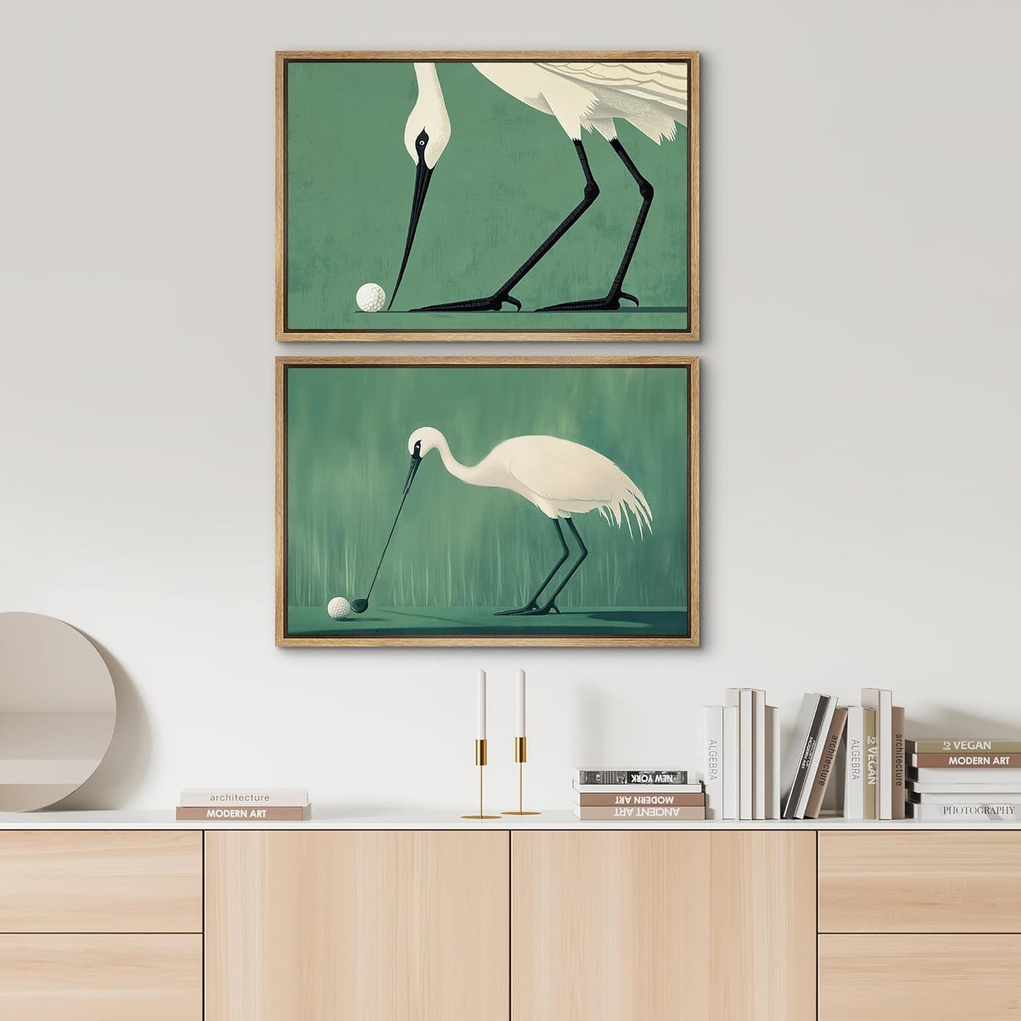 SIGNWIN Framed Canvas Print Wall Art Set Funny Crane Playing Golf Whimsical Bird Illustrations Modern Art Rustic Minimal for Living Room, Bedroom, Office - 24"x36"x2 Natural