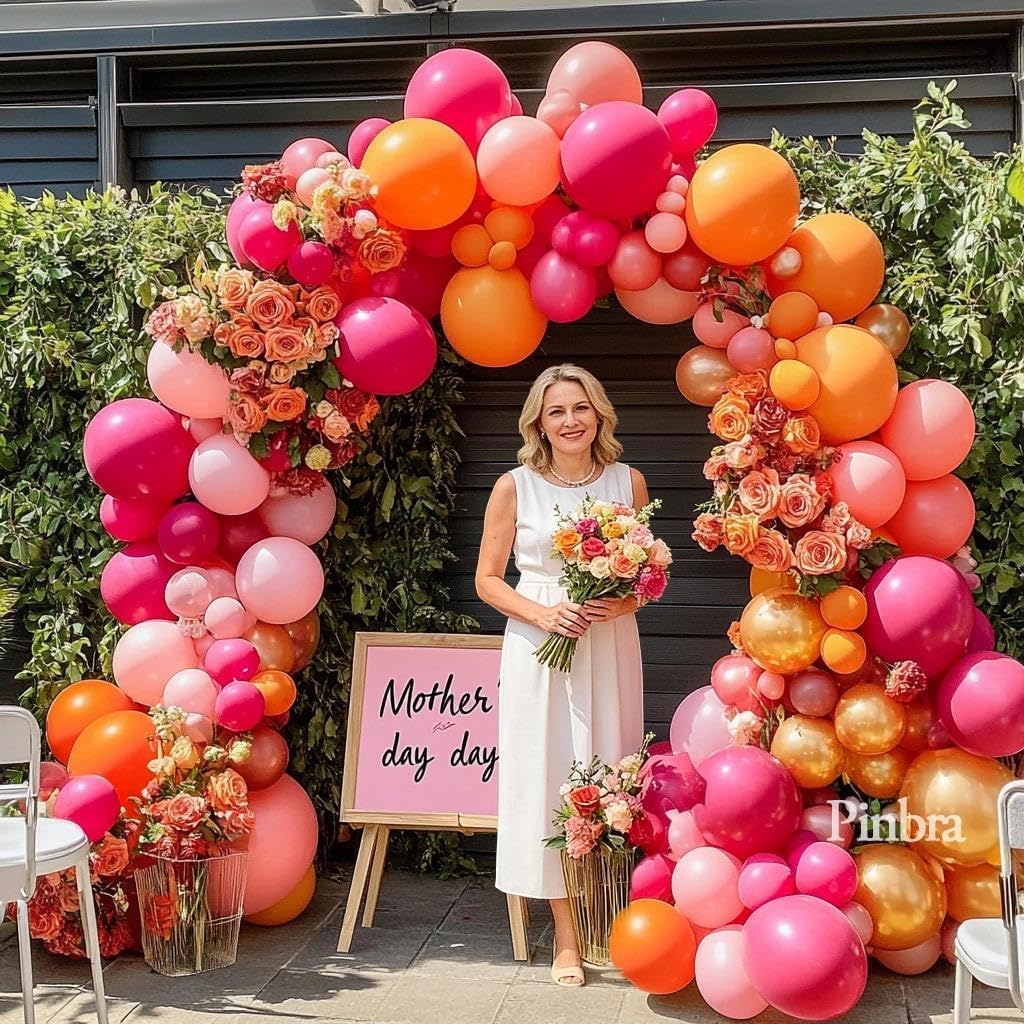 Pink Orange Balloon Garland Double Stuffed Hot Pink Orange Gold Metallic Pastel Balloon Arch Kit for Birthday Baby Bridal Shower Wedding Summer Tropical Graduation Party Decorations