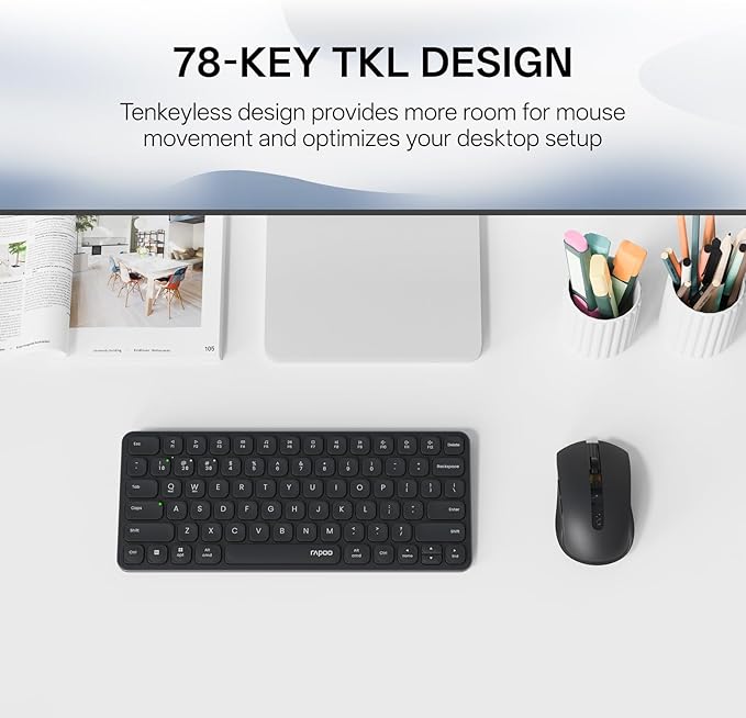 Rapoo 9050S Multi-Device Keyboard and Mouse Combo, 2.4GHz/Bluetooth 5.0/4.0 Wireless Keyboard & Mouse Set for Windows/Mac/Linux/Chrome, Support 4 Devices, Rechargeable, Silent Click, Black