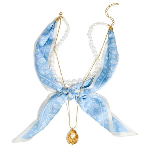 CLASSYZINT Layered Necklace for Women Blue Scarf Necklace Pearl Necklace Gold Shell Pendant Necklace Beach Jewelry Fashion Necklace