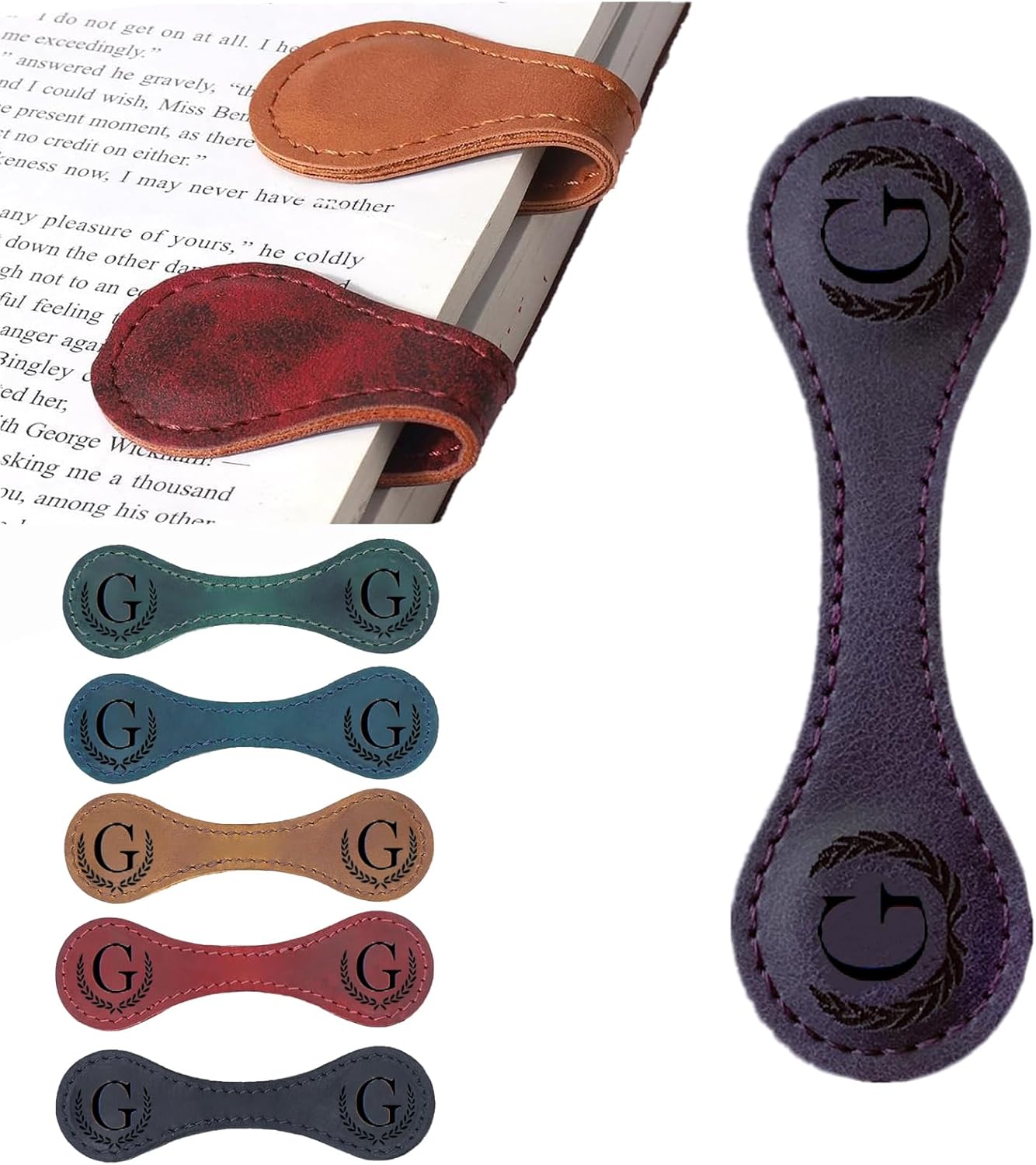 Personalized Magnetic Leather Bookmark, 26 Letters Custom Leather Bookmarks, Handmade, Leather Magnetic Bookmark for Book Lovers Readers Women Kid(Purple，G）