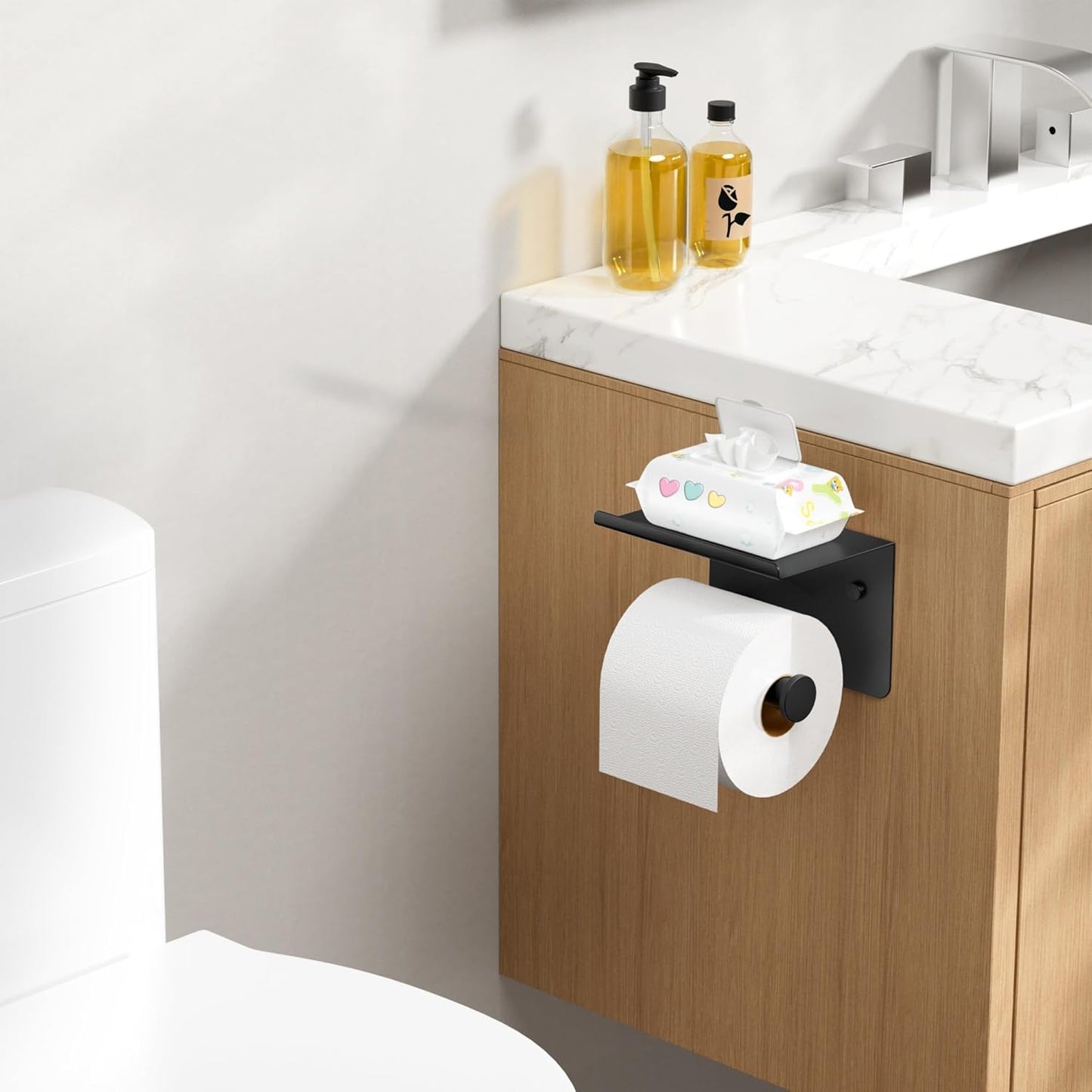 FORIOUS Toilet Paper Holder with Shelf, Adhesive or Screw Wall Mount Toilet Paper Roll Holder for Bathroom, Rustproof 304 Stainless Steel Commercial Toilet Tissue Holder with Phone Shelf, Matte Black