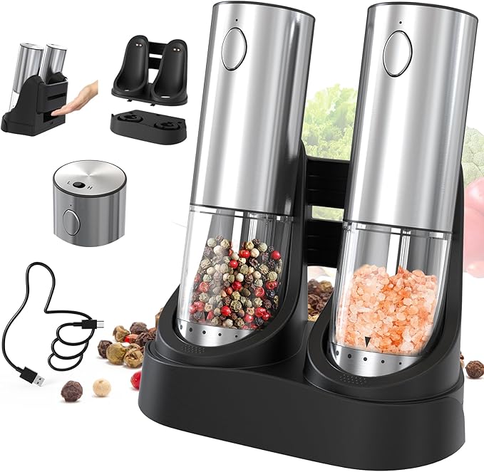 CIRCLE JOY 2-Speed Electric Salt and Pepper Grinder Set Rechargeable Stainless Steel Pepper Mills with Charging Base, LED Light and External Adjustable Coarseness for Hygienic Easy Use