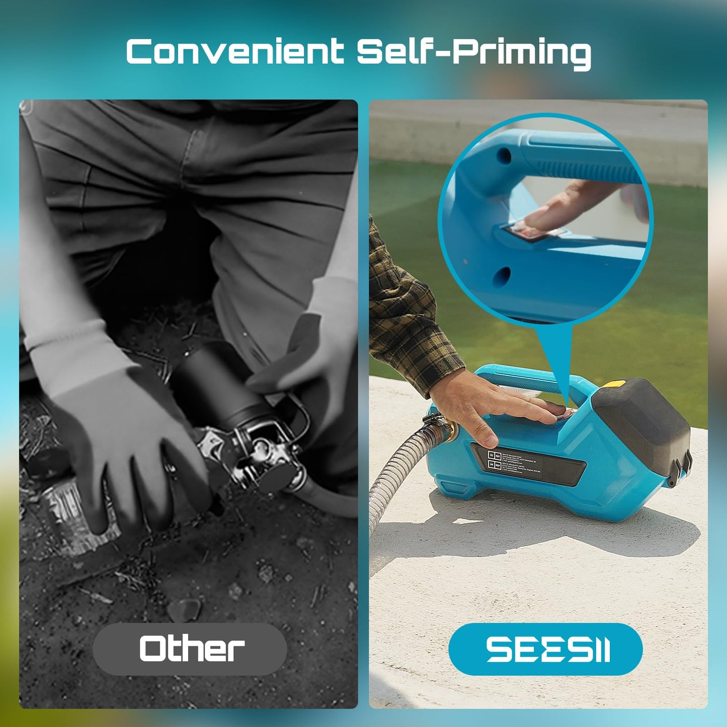 Seesii Cordless Transfer Pump for Water/Diesel, 760GPH Self-priming 2×4000mAh Rechargeable Battery, Portable Electric Utility Pump for RV, Garden, Hot Tub, Tank, Pool, Ponds, Aquariums, Rain Barrels