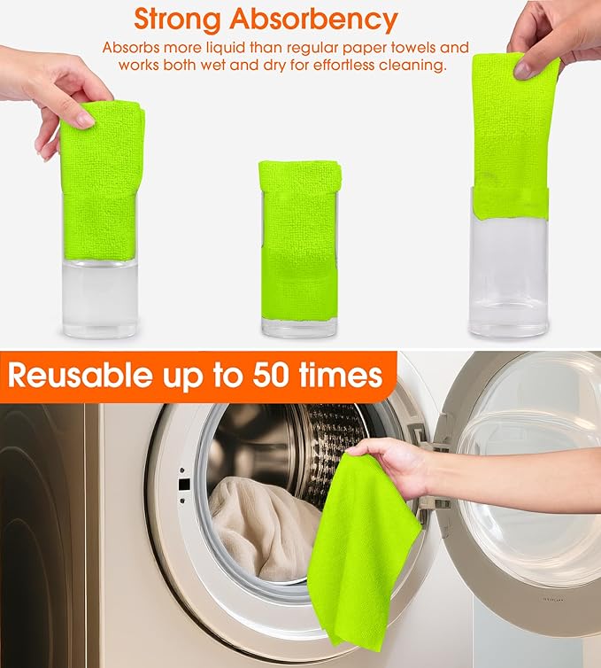 Microfiber Cleaning Cloth Roll–100 Pack, Tear Away Microfiber Towels, Reusable, Washable, Scratch-Free, Kitchen Towels for Car, Home, Kitchen, Glass, Dishes (Neon Green)