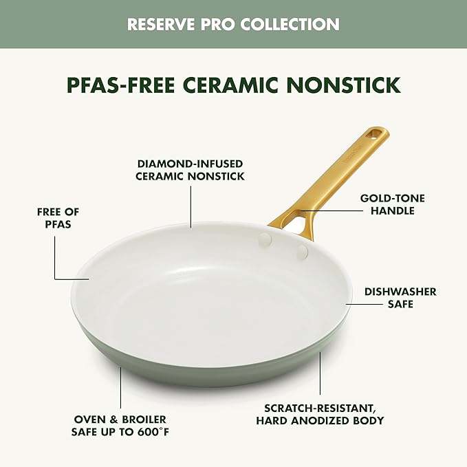 GreenPan Nonstick Reserve Pro 8" Frying Pan, NSF Certified Ceramic, Hard Anodized PFAS-Free Skillet, Stainless Steel Handles, Oven & Dishwasher Safe, Moss Green