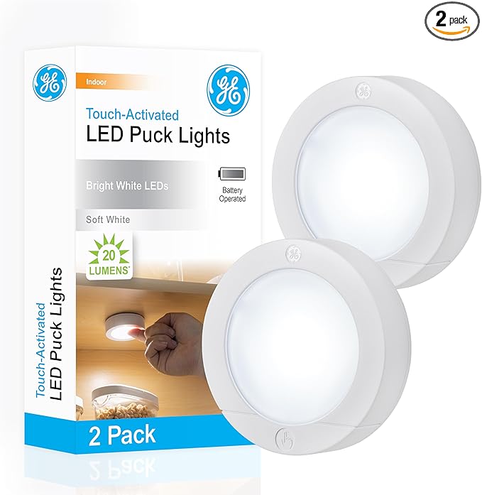 GE Touch Activated LED Puck Lights, 20 Lumens, White, 25434