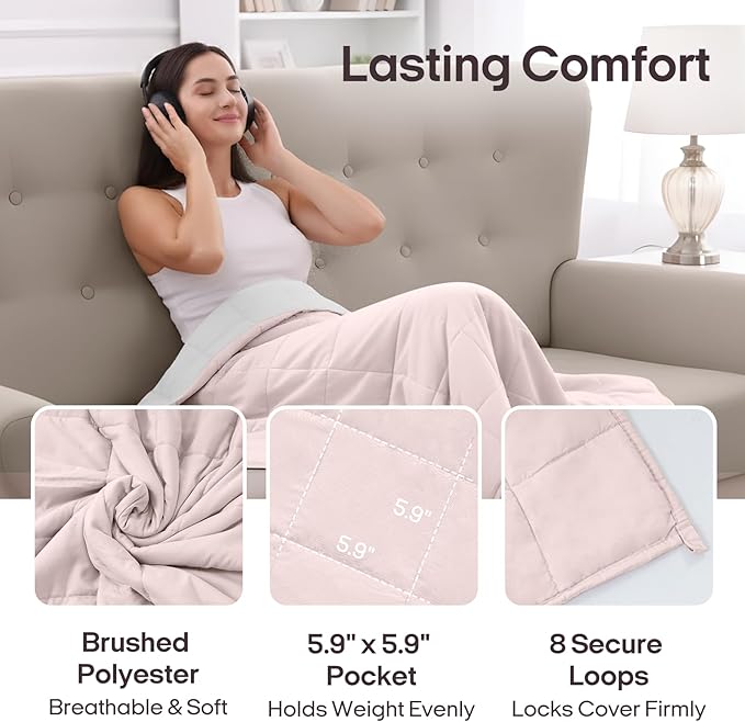 ZonLi Weighted Blanket for Adults(48"x72",12lbs, Pink/Light Grey) Twin Size High Breathability Cooling Heavy Blanket, Soft Material with Premium Glass Beads,All-Season.