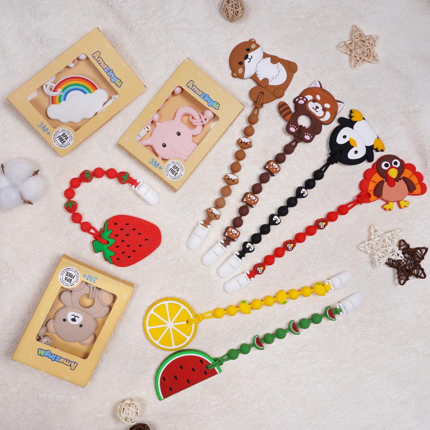 Cute Animal Baby Food Grade Silicone Teether Toy with One Piece Design Pacifier Clip Holder,Teething Pain Relief Toys Gift Set for 3 Months+ Boys and Girls,Freezer Safe,BPA Free (Strawberry)