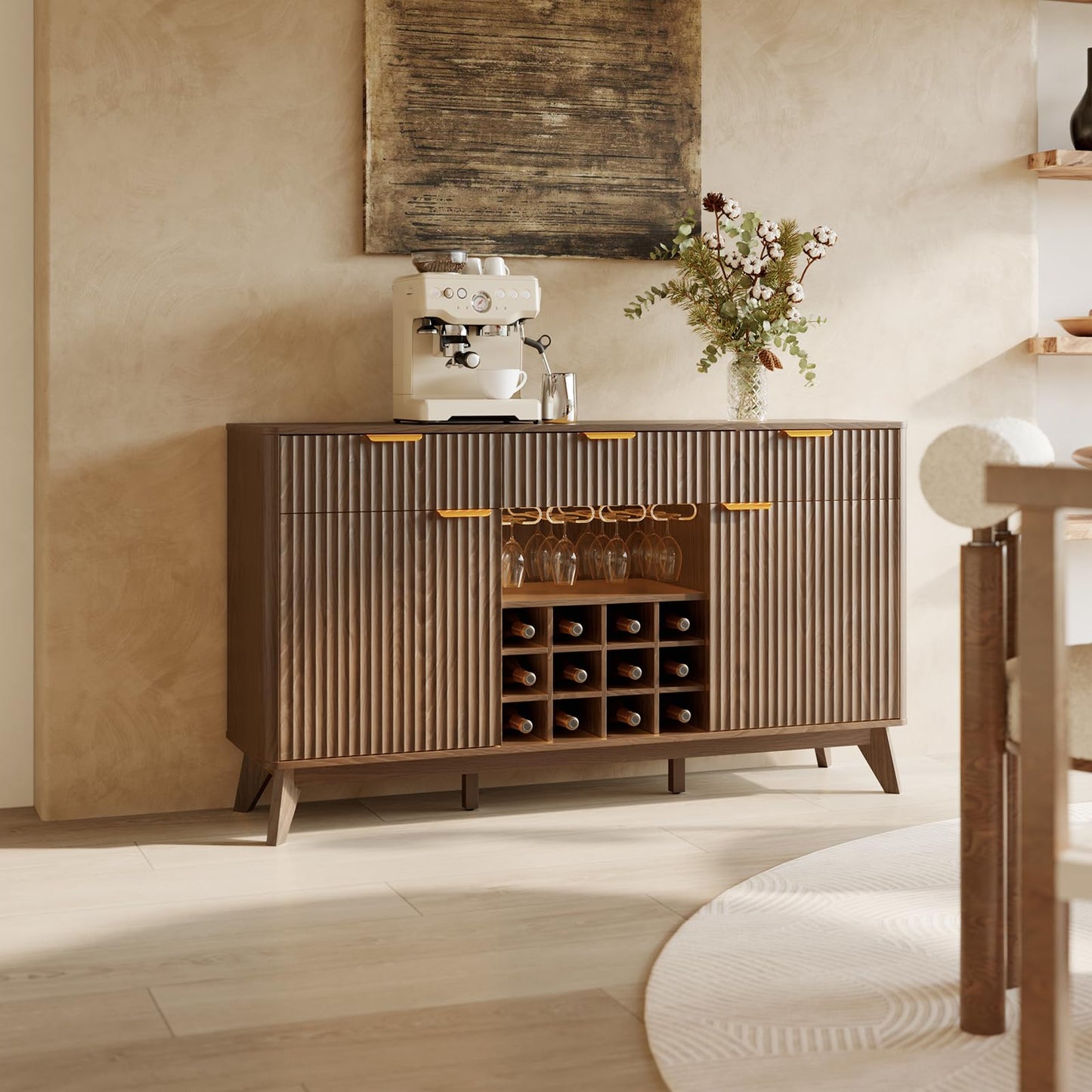 60" Wide Fluted Wine Bar Cabinet with 2 Side Cabinets, 3 Drawers, 4 Glass Holders & 12 Wine Racks, Modern Buffet Sideboard with Storage, 2 Door & 3 Drawer Buffet Sideboard for Kitchen, Dining Room