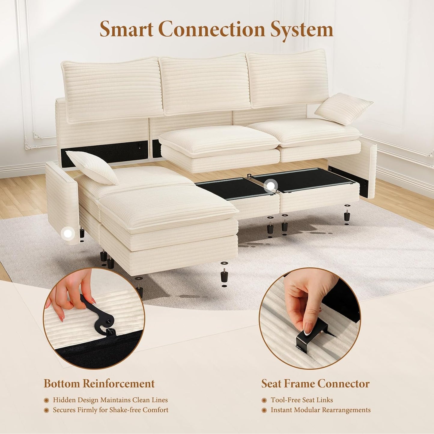 Vesgantti 108" Modular Sectional Sofa, Comfy Cloud Couch with Movable Ottoman Deep Seat Corduroy L Shaped Modular Sofa, Sectional Couches for Living Room, Bedroom and Apartment, Beige