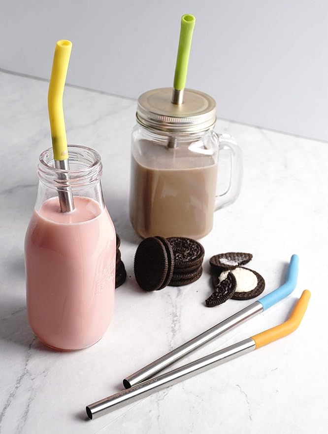 RSVP International Endurance Stainless Steel w/ Silicone Tip Straws, 9 Inch, | Reusable & Multi-Color | BPA-Free Silicone | For Smoothies, Frappes, Sodas, Tea & More | Dishwasher Safe