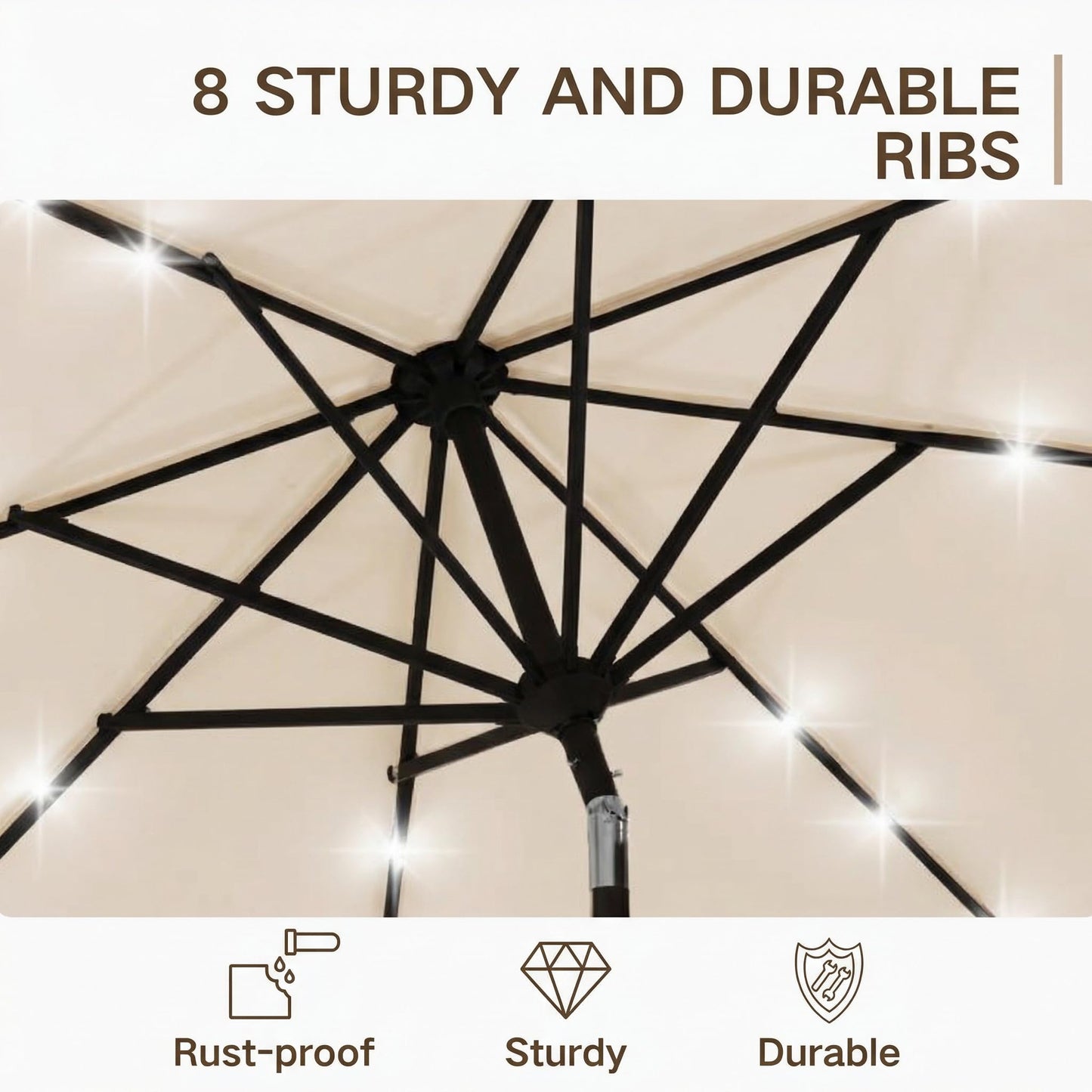 Kingdura 9FT Outdoor Patio Umbrella with Solar Lights, Market Table Umbrella with Push Button Tilt & Crank, 8 Sturdy Ribs, 32 LED Lights, UV Protection for Garden Lawn Deck Backyard Pool (Beige)
