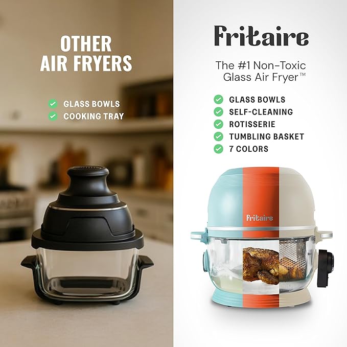 Non Toxic Air Fryer™ 9-in-1 Functions - Glass AirFryer 5 Quart w/ 360 Visibility, Self-Cleaning, 400F Vortex Air Fryer for Even Cooking, BPA-Free Teflon Free, Rotisserie, Roast, Bake, Mauve Rose