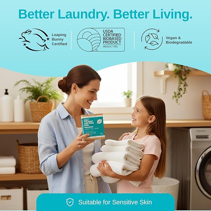 Laundry Detergent Sheets - Unscented, Hypoallergenic, Plant-Based Travel Laundry Sheets with Coconut & Soapberry Extract, Colors & Whites, 50 Pack