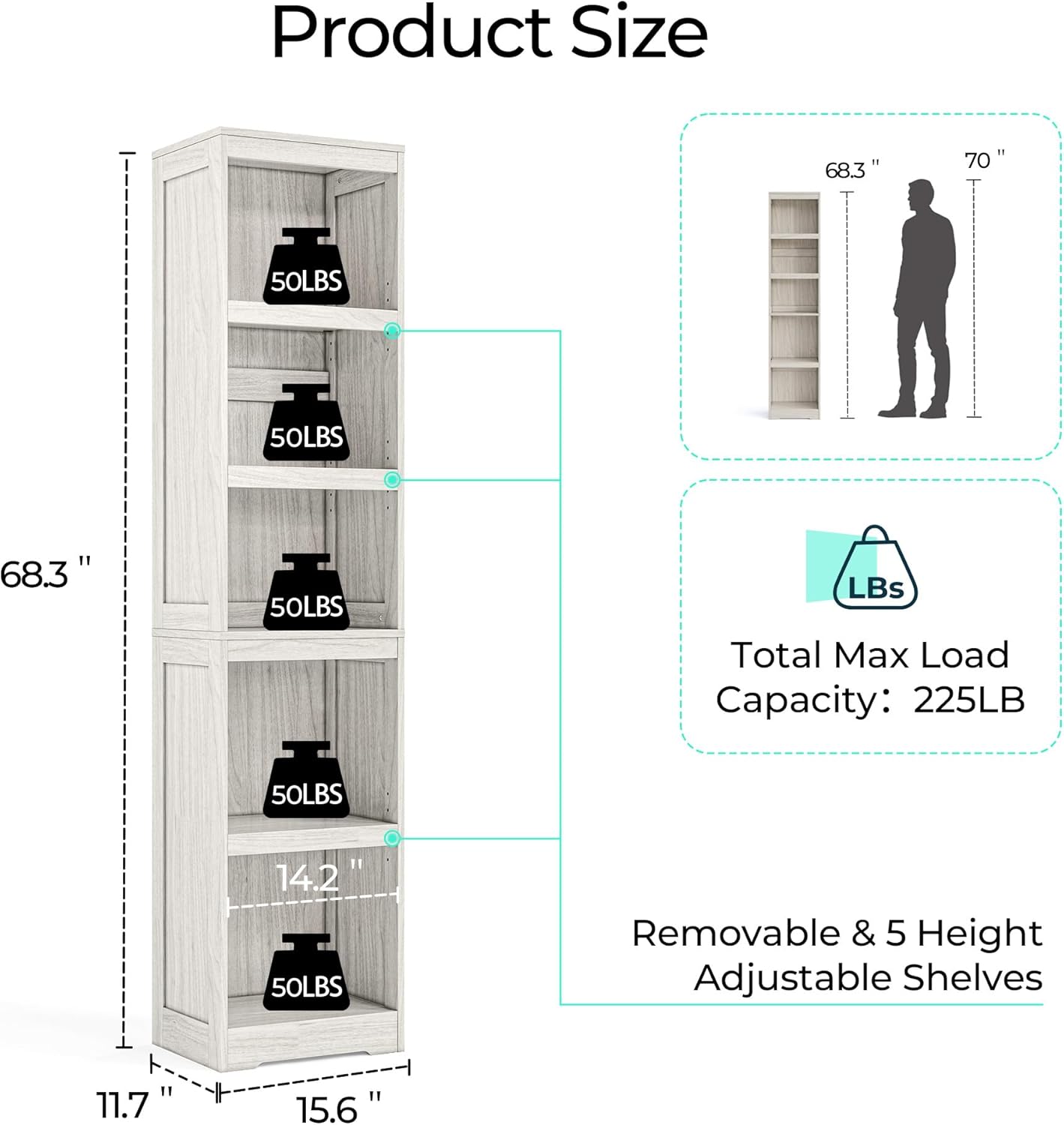 LINSY HOME 5-Shelf Bookcase, Narrow Bookshelves Floor Standing Display Storage Shelves 68 in Tall Bookcase Home Decor Furniture for Home Office, Living Room, Bed Room - White Oak