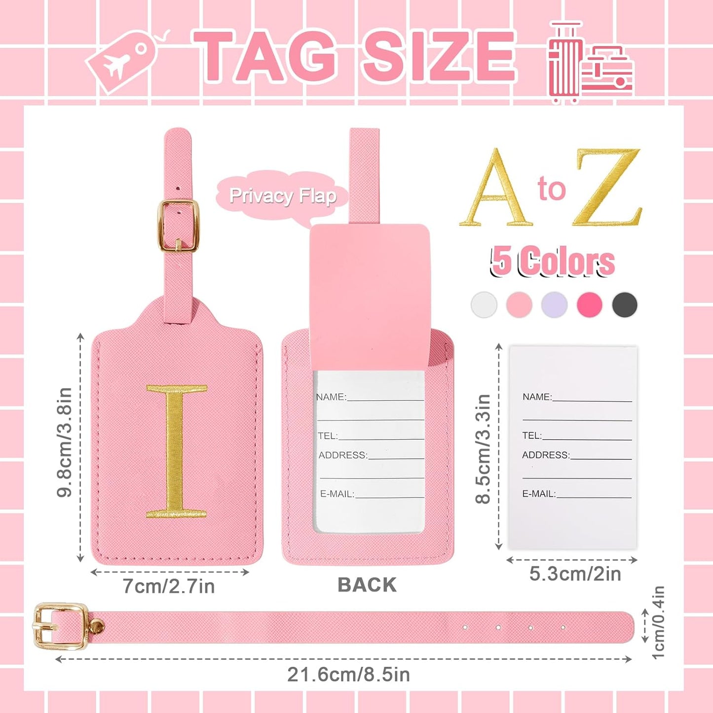 Personalized Initial Luggage Tags for Suitcase, Pink Leather Cute Luggage Tags with Privacy Cover Name Card, Embroidered Custom Monogrammed Luggage Tag Travel Bag Baggage Tags Gifts for Women Kids(I)
