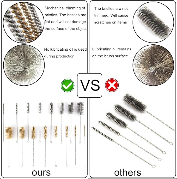 12 Inch Pipe Cleaning Brush Set with Stainless Steel Bristles, Tube Bottle Brush Kit, 8 Sizes for Auto Parts, Bottles, Guns, Tubes, Etc.