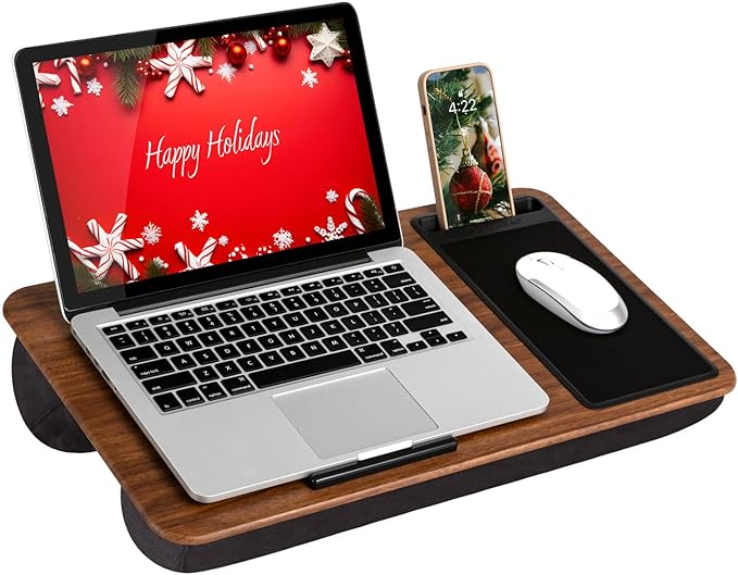 LAPGEAR Home Office Lap Desk with Device Ledge, Mouse Pad, and Phone Holder - Espresso Woodgrain - Fits up to 15.6 Inch Laptops - Style No. 91575