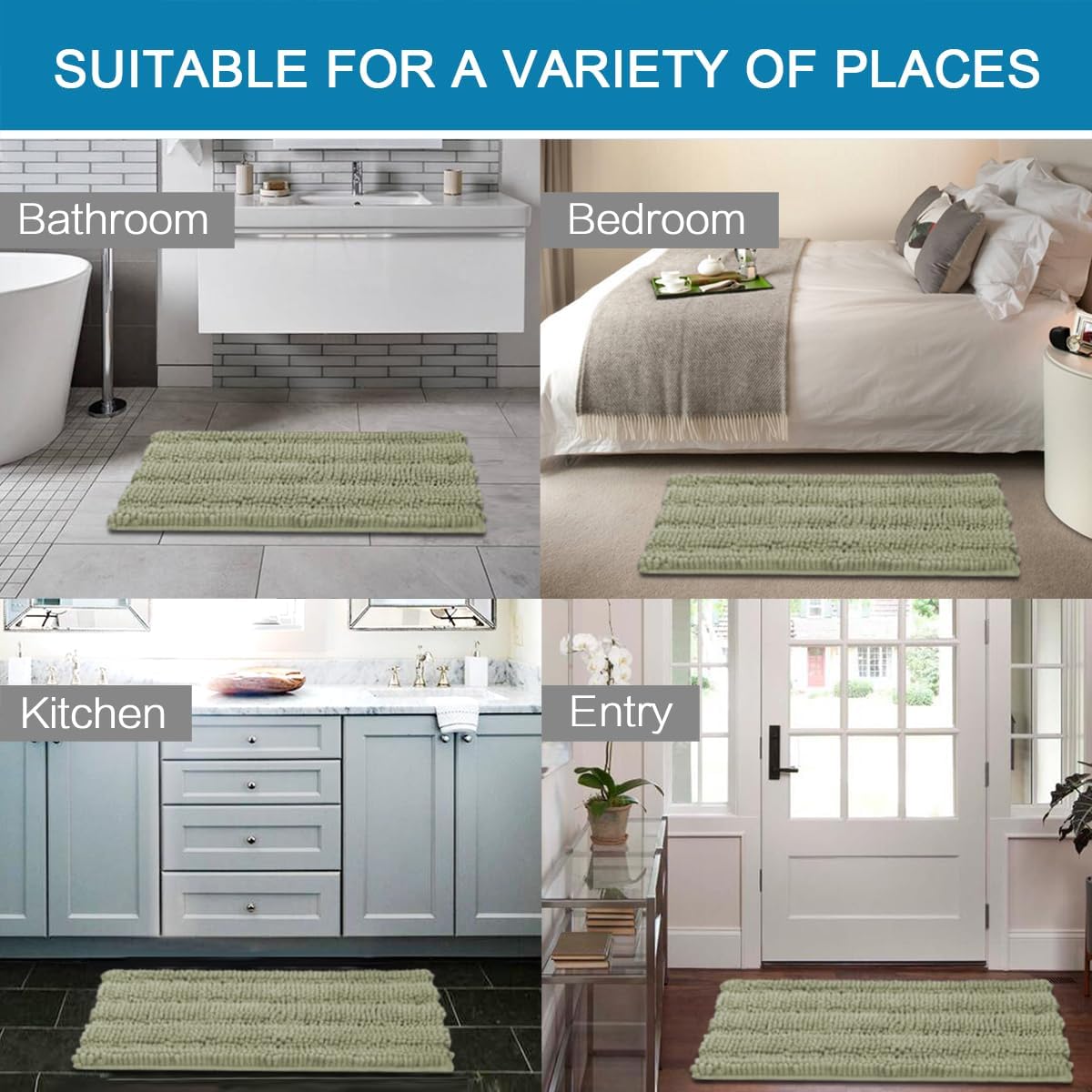 H.VERSAILTEX Bath Mats for Bathroom Non Slip Thick Chenille Striped Bath Rug Absorbent Fluffy Soft Shaggy Rugs Washable Dry Fast Plush Mats for Indoor, Bath Room, Tub - 17" x 24", Eucalyptus Green