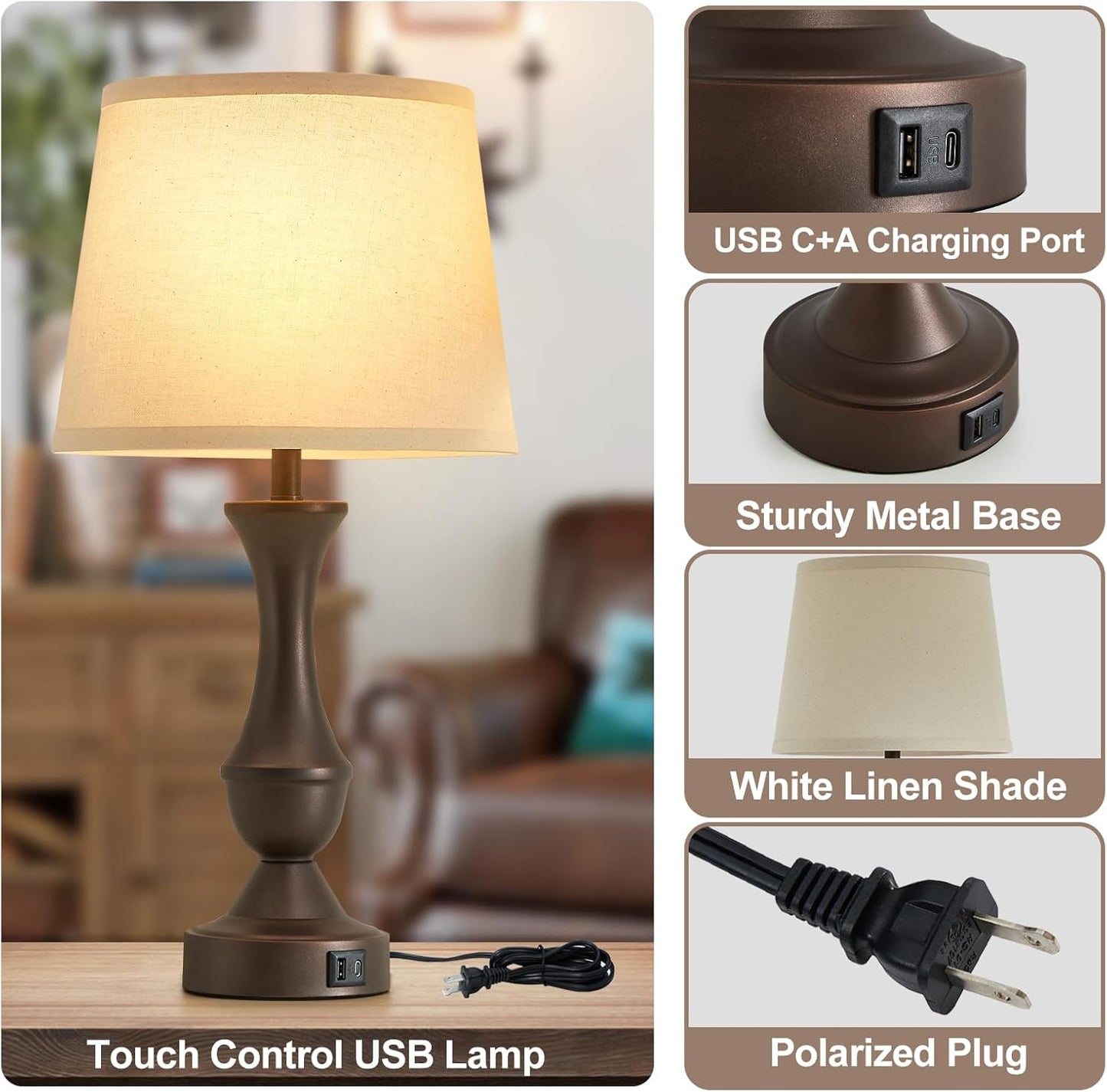 Luvkczc 22" Table Lamp Set of 2 - Vintage Brown Bedside Lamp with Beige Fabric Shade, 3-Way Dimmable, USB C+A Ports, Nightstand Lamp for Living Room Bedroom (Bulb Included)