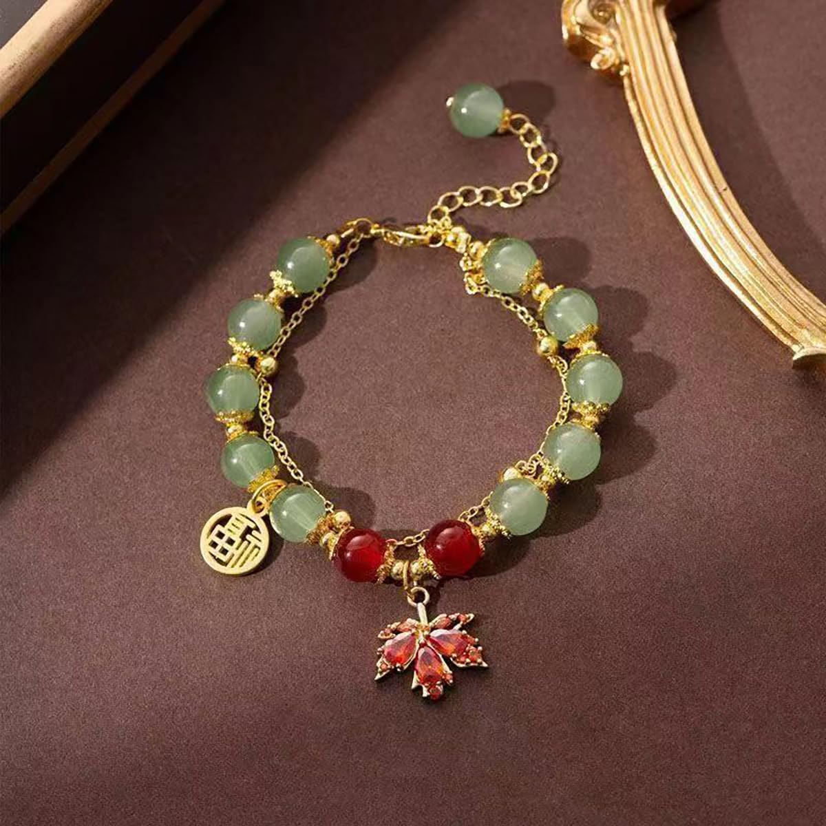 XIAOMOJEW Jade Beaded Bracelets for Women Fall Maple Pendant Bangle Bracelets Chinese Style Bangle Lucky Boho Jewelry (G Maple B)