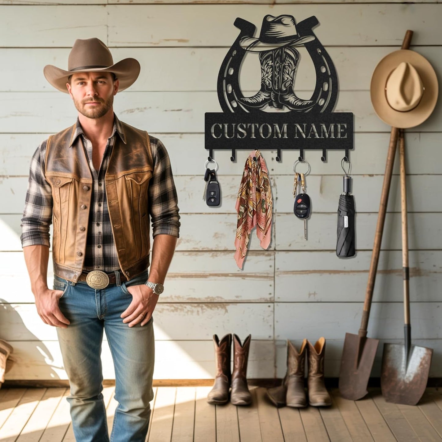 Personalized Key Holder for Wall, Custom Metal Cowboy Key Hooks with Name, Meta Jacket Holder Hooks Organizer Rack, Jacket Hanger Decor for Kitchen, Entryway, Hallway, Office, Doorway