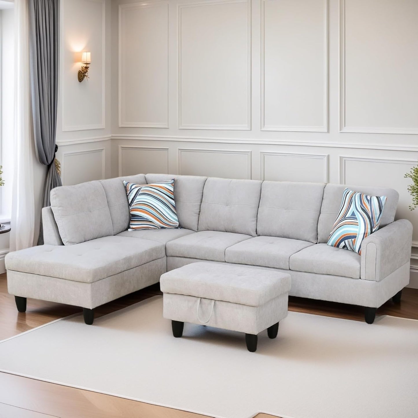 L Shaped Sectional Couches for Living Room, Modular Sectional Sofa with Ottoman Storage, Modern Comfy 4 Seat L Shaped Couch with Chaise for Bedroom Apartment Furniture, Gray