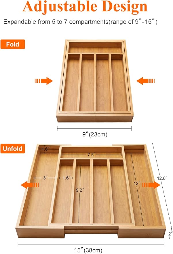 Bamboo Silverware Drawer Organizer Expandable Large Kitchen Utensil Holder Drawer Divider Organizers Storage Adjustable Cutlery Silverware Tray Wooden Spoon Holder Flatware Organizer Trays