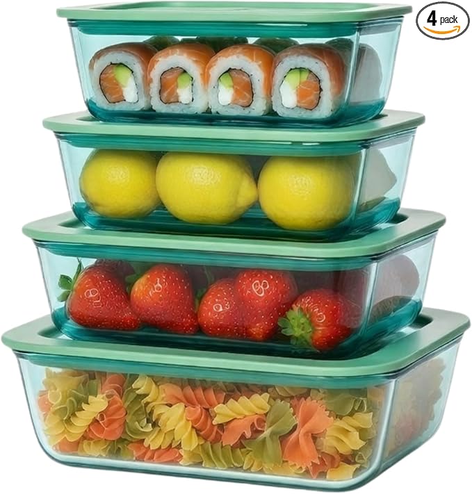 Crispa Teal Glass Food Storage Containers with Silicone Glass Lids, 8-Piece Set Meal Prep - 2x 40oz & 2x 20oz, 100% Plastic-Free Leakproof Airtight, Freezer Oven Microwave Safe
