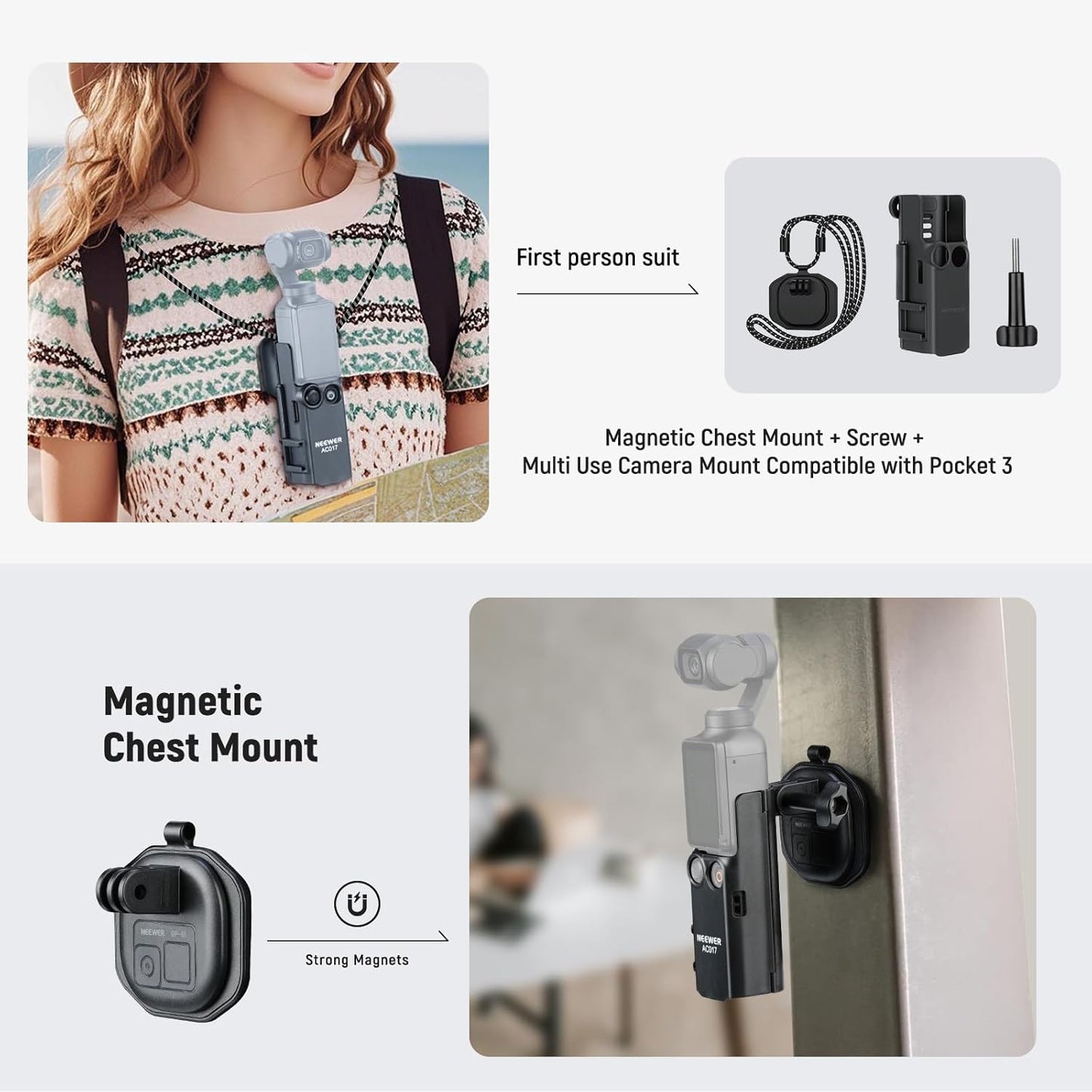 NEEWER Basics 16 in 1 Accessories Kit Compatible with DJI OSMO Pocket 3, Mini Tripod Selfie Stick Chest Strap Magnetic Neck Mount Extension Adapter Mountaineering Cycling Dual Cam Vlog, GP-52