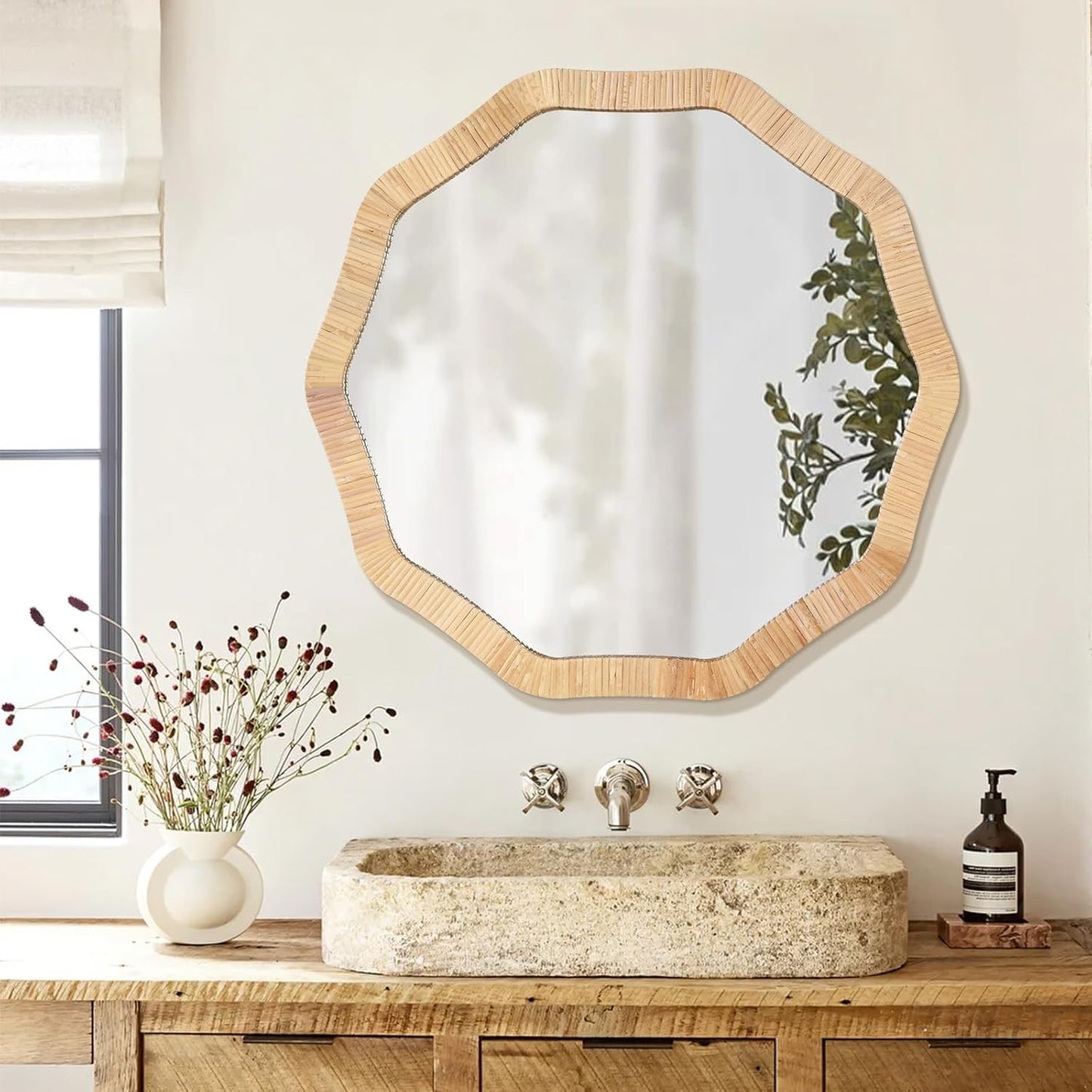 ULIKE Rattan Mirror for Wall, Bathroom 30 Inch Rustic Farmhouse Wall Decor with Handmade Wicker Frame, Boho Woven Mirror for Nursery Bedroom Living Room Entryway