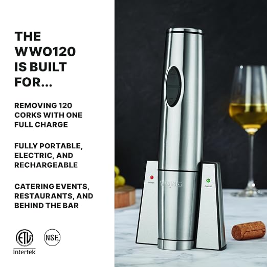 Waring Commercial WWO120 Portable Electric Wine Bottle Opener with Recharging Station,Silver