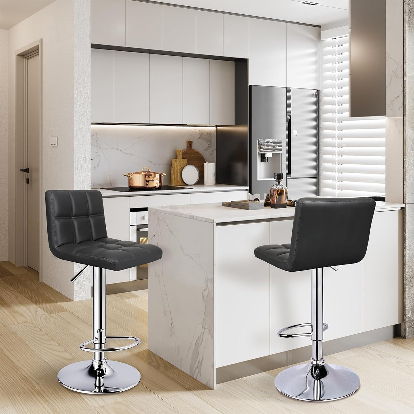 6-Squares Back with Double Needle Adjustable Bar Stools, Set of 2, Black