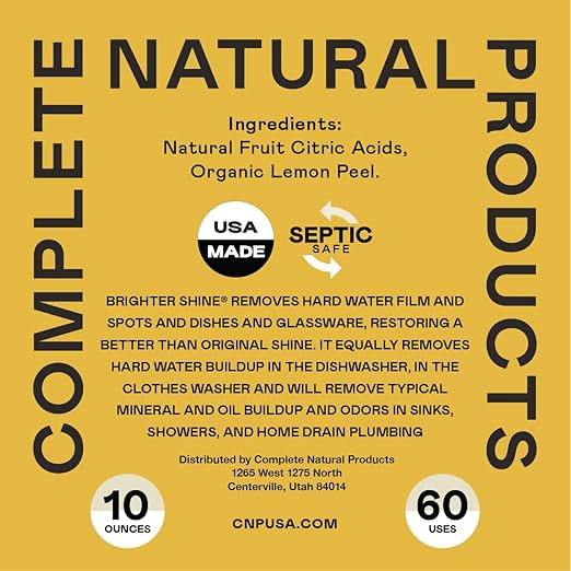 Brighter Shine - 60 Uses, Natural Lemon Dishwasher Additive & Citric Acid Cleaner, Hard Water Spots Remover